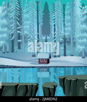 Gioco sfondo cartone animato vettore , Cottage su un lago ghiacciato Illustrazione Vettoriale