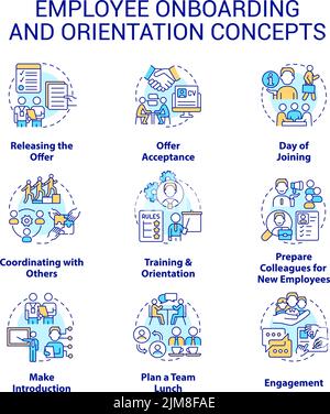 Set di icone di concetto di orientamento e onboarding dei dipendenti Illustrazione Vettoriale