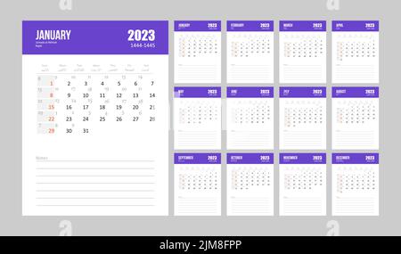 Hijri calendario islamico e gregoriano 2023. Da 1444 a 1445 modello di celebrazione vettoriale. Settimana a partire da domenica. Pronto per la stampa. Scrivania piccola e piatta Illustrazione Vettoriale