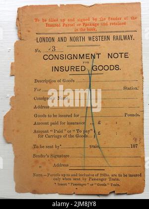 Una bolla di consegna London & North Western Railways per merci assicurate 1893. Foto Stock