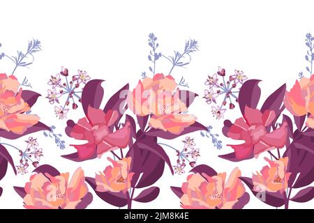 Motivo floreale vettoriale senza cuciture, bordo. Illustrazione panoramica orizzontale con fiori rosa su sfondo bianco. Illustrazione Vettoriale
