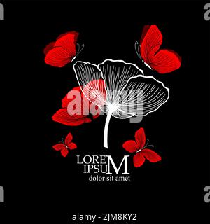 Logo oggetto papavero con farfalle su sfondo nero. Illustrazione vettoriale Illustrazione Vettoriale