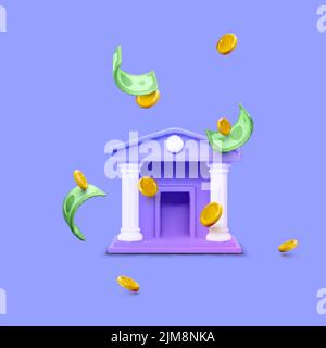 3d costruzione di banche e monete in caduta e la valuta cartacea. 3d icona banca realistica isolata su viola. Transazione di denaro o concetto di risparmio. Vettore illustraz Illustrazione Vettoriale