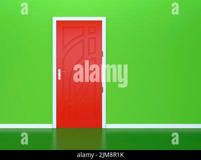 Porta rossa e parete verde Foto Stock