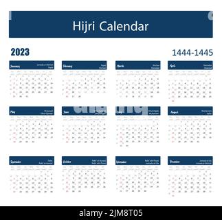 Hijri calendario islamico e gregoriano 2023. Da 1444 a 1445 modello di celebrazione vettoriale. Settimana a partire da domenica. Pronto per la stampa. Scrivania piccola e piatta Illustrazione Vettoriale