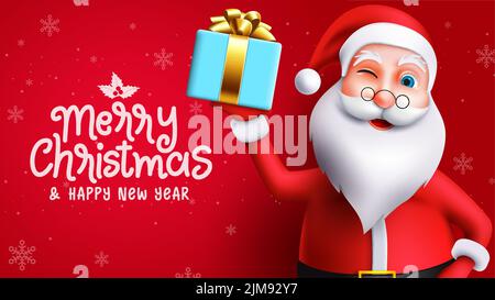 Babbo natale saluto vettoriale design. Allegro testo di natale con 3D babbo natale personaggio tenendo elemento regalo per Natale regalo stagione. Illustrazione Vettoriale