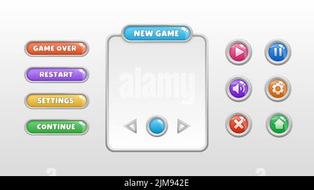 Modello del menu di gioco. Riavvia, Impostazioni, continua interfaccia di gioco. Illustrazione vettoriale Illustrazione Vettoriale