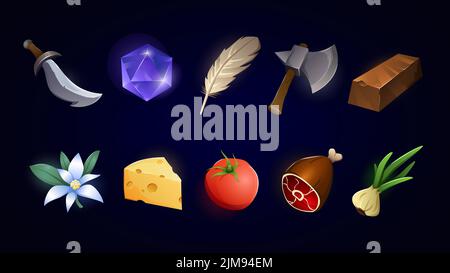 Elementi grafici per videogiochi. Cibo e attrezzi. Illustrazione vettoriale Illustrazione Vettoriale