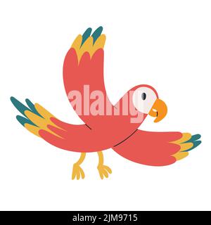 Simpatico personaggio pappagallo macaw, uccello della giungla rosso e blu, animale tropicale volante, clipart vettoriale isolato su sfondo bianco Illustrazione Vettoriale