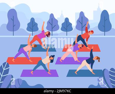 Le donne di cartoni animati che fanno gli esercizi di yoga nel parco cittadino. Ragazze che addestrano fuori dell'illustrazione piatta del vettore. Ricreazione, benessere, assistenza sanitaria, stile di vita sano Illustrazione Vettoriale