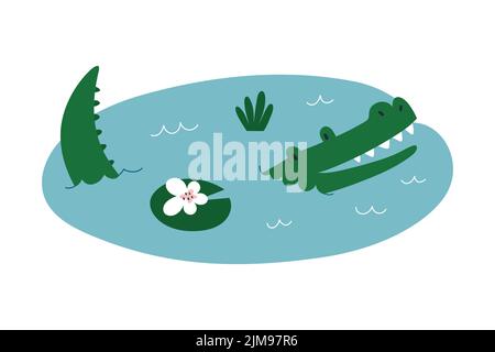 Coccodrillo sorridente carino sdraiato nello stagno, divertente personaggio alligatore con espressione facciale amichevole, illustrazione vettoriale isolato su sfondo bianco Illustrazione Vettoriale