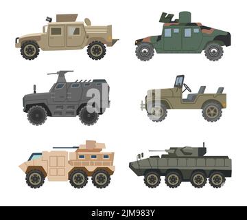 Set di illustrazioni vettoriali per veicoli militari diversi. Raccolta di disegni di auto blindate, camion, carri armati, Humvee per le forze armate su backgrou bianco Illustrazione Vettoriale