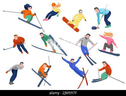 Persone attive che praticano sport come skate, sci, snowboard, curling. Personaggi maschili e femminili in diverse pose e attrezzature invernali cartoon vec Illustrazione Vettoriale