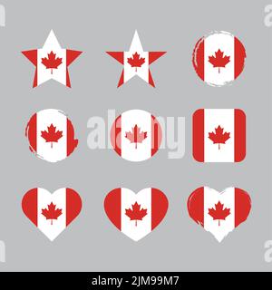 Set di flag del cuore e del cerchio vettoriale per il Canada. Bandiere di bollo con effetto grunge e spazzola a secco canadese. Illustrazione Vettoriale