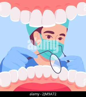 Dentista cartoon in maschera che guarda nella bocca aperta del paziente. Vista interna dei denti sani bianchi, immagine vettoriale piatta del controllo medico. Orale o ammaccato Illustrazione Vettoriale