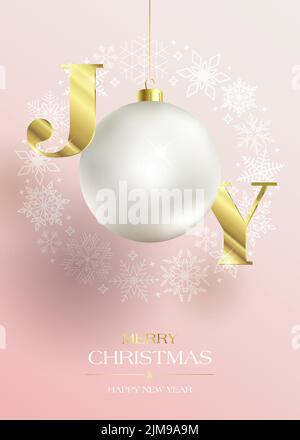 Gioia. Un biglietto di natale.. Una sfera bianca di Natale è appesa. Iscrizione in oro. Auguri di buon Natale. Buone vacanze. Illustrazione Vettoriale