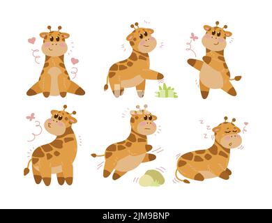 Adorabile giraffe cartoon personaggio set di illustrazioni vettoriali. Raccolta di disegni acquerelli con animale bambino carino in diverse pose su dorso bianco Illustrazione Vettoriale