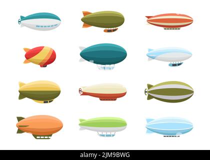 Set di illustrazioni vettoriali di diversi tipi di velieri colorati. Raccolta di zeppelin retrò o dirigibili, navi passeggeri isolate su sfondo bianco. T Illustrazione Vettoriale