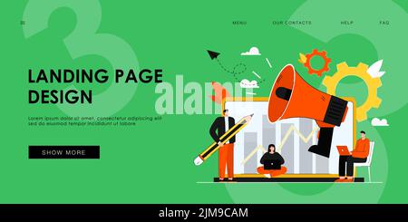 Altoparlante aziendale con altoparlante e promozione media marketing. Illustrazione del vettore cartoon. Piccoli manager con un notebook gigante e un megafono che fanno autobus Illustrazione Vettoriale