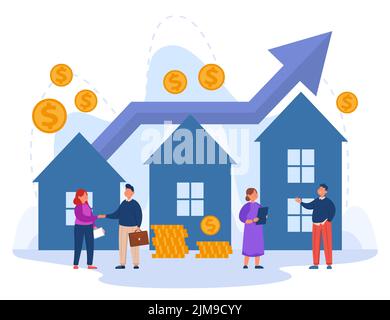 Affari immobiliari tra agente e cliente scuotendo le mani. Persone che acquistano e costruendo case durante la crescita del mercato flat vettore illustrazione. Investimento Illustrazione Vettoriale