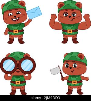 Set di orsi in uniforme camouflage lettera di tenuta, mostrando i muscoli, guardando attraverso binocoli, ondeggiante bandiera bianca Illustrazione Vettoriale