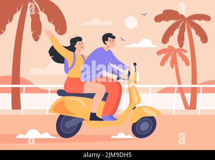 Coppia che viaggia in bici flat vettore illustrazione. Felice uomo e donna che cavalcano la moto, andando insieme in scooter a mare. Veicolo, viaggio estivo Illustrazione Vettoriale