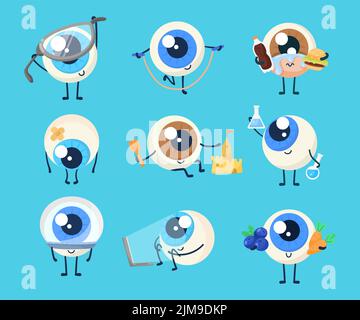 Carino eyeball personaggio set di illustrazioni cartoon. Occhio triste e malato o organo umano che tiene carota, mirtillo e fast food, guardando il computer portatile schermo, noi Illustrazione Vettoriale