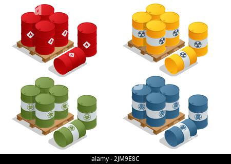 Barili isometrici con sostanze infiammabili, rifiuti a rischio biologico, residui radioattivi, rifiuti tossici. Illustrazione Vettoriale