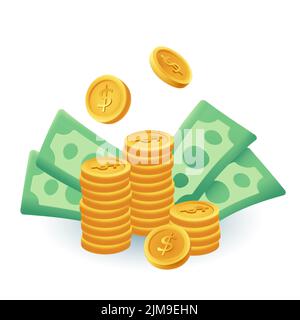Monete d'oro e banconote 3D icona in stile cartone animato. Pila di monete con segno del dollaro, wad di soldi o contanti, illustrazione piatta del vettore di risparmio. Wealth, econo Illustrazione Vettoriale