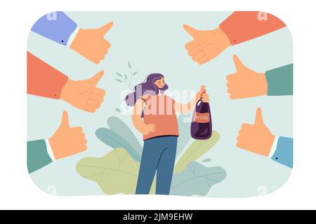 Ragazza con bottiglia di vino circondata da pollici in su. Donna felice ottenere pubblico approvazione piatta vettore illustrazione. Alcool, concetto di opinione pubblica per ba Illustrazione Vettoriale