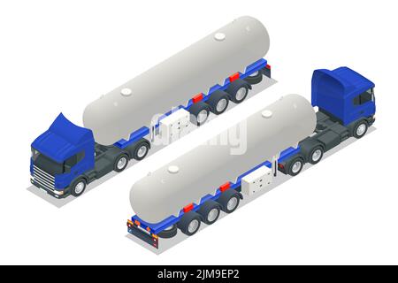 Autocisterna isometrica. Petroliera, camion a benzina, cisterna bianca, rimorchio petrolifero isolato su sfondo bianco. Petroliera a benzina, rimorchio petrolifero Illustrazione Vettoriale