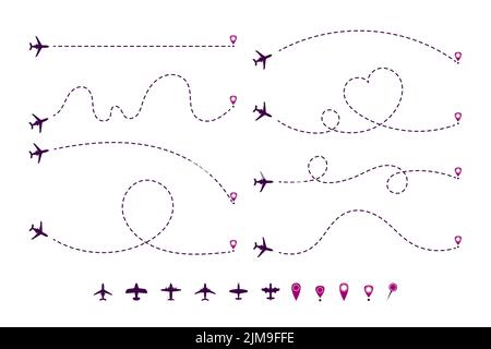 Set di illustrazioni cartoni animati con traiettorie di aeroplano punteggiate. Percorso o modo di piano, velivolo di getto a forma di cuore, linea o cerchi con punto di destinazione Illustrazione Vettoriale