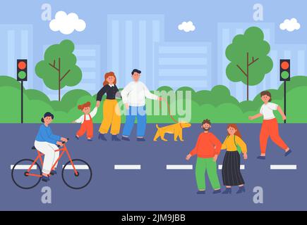 Persone che camminano lungo la strada città flat vettore illustrazione. Ciclista femminile in bicicletta o in bicicletta, famiglia con cane a piedi bambino, donna in corsa. Parcheggio in Illustrazione Vettoriale