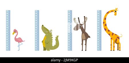 Righelli di altezza con illustrazioni vettoriali comic animals set. Adesivi da parete per misurare l'altezza dei bambini con simpatica giraffa, coccodrillo cartoon charact Illustrazione Vettoriale