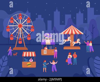 Persone in notte parco di divertimento flat vettore illustrazione. Uomini e donne camminano per le strade della città, parlano, comprano cibo. Venditori in piedi a bancarelle e s. Illustrazione Vettoriale