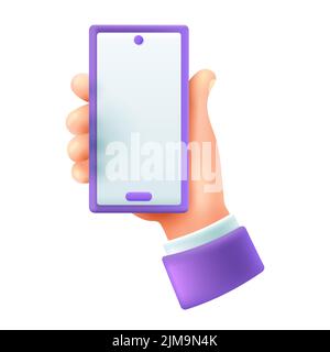 Telefono in mano umana 3D icona stile cartone animato. Persona o uomo d'affari che utilizza i social media su smartphone o cellulare illustrazione vettoriale piatta. Tecnologia, c Illustrazione Vettoriale