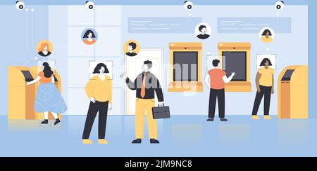 Telecamere di sicurezza con sistema di riconoscimento facciale in banca. Analisi facciale delle persone che prelevano denaro da bancomat, avatar o dati digitali flat vect Illustrazione Vettoriale