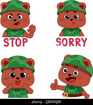 Set di orsi in uniforme mimetizzazione che mostra stop segno, sensazione di dispiacersi, la lingua attaccata, mostrando pollice in su Illustrazione Vettoriale