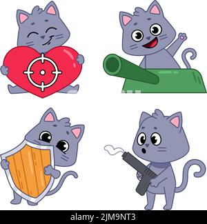 Set di simpatici gatti disegnati a mano che tengono il bersaglio dell'amore, seduti sul carro armato, nascondendosi dietro lo scudo, con la pistola Illustrazione Vettoriale