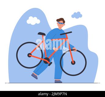 Ladro maschio che tiene rubato bicicletta flat vettore illustrazione. Personaggio criminale cartoon in maschera che scappare dopo aver commesso rapina, rottura o viol Illustrazione Vettoriale