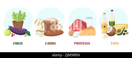 Fonti di fibre, carbs, proteine, grassi vettore illustrazioni set. Diverse categorie o gruppi di prodotti o pasti con vitamine o micronutrienti Illustrazione Vettoriale