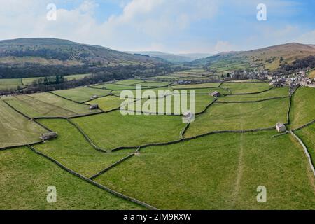 vista panoramica elevata dei campi di patchwork e dei tradizionali granai di pietra a lato del cannone nel nord dello yorkshire swaledale Foto Stock