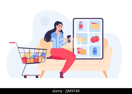 Carrello accanto alla ragazza che ordina cibo tramite app mobile. Tablet sul divano con diversi prodotti alimentari sullo schermo, negozio di alimentari online flat vettoriale illus Illustrazione Vettoriale