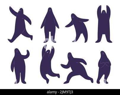 Strane creature in diverse pose cartoon set di illustrazione. Figure blu scuro di uomo o persona su sfondo bianco. Gente carina che corre, balla, Illustrazione Vettoriale