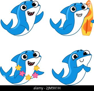Set di simpatici squali cartoni animati disegnati a mano che sventolano, tengono la tavola da surf, indossano collana di fiori Illustrazione Vettoriale