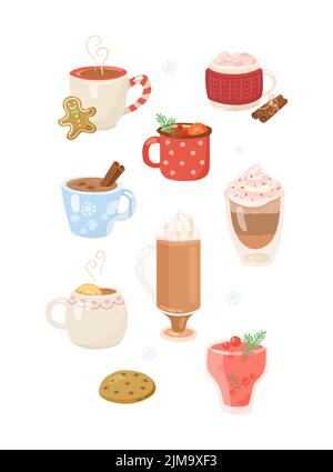 Bevande calde con panna montata in set di illustrazioni cartoni animati tazze. Bevande invernali colorate, caffè con cannella, tè, cacao con marshmallow, cioccolata calda Illustrazione Vettoriale