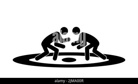Attaccare figure di wrestler in una rastrelliera su un tappeto, illustrazione vettoriale piatta. Illustrazione Vettoriale