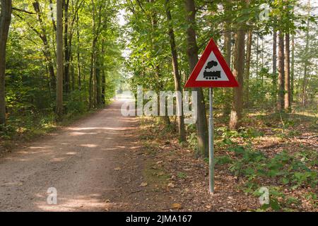 Cartello segnaletico con significato che attraversa il livello senza barriere nella foresta Foto Stock