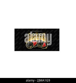 Banner torneo di poker. Logo del poker con chip del seme della carta da gioco. Club, diamanti, picche, cuori su sfondo nero. Illustrazione vettoriale. Illustrazione Vettoriale