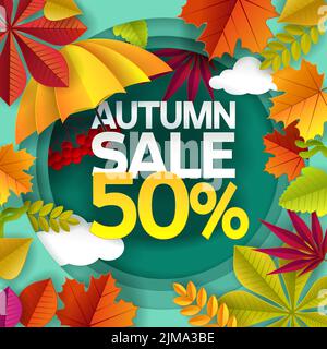 Modello di design banner poster vendita stagionale autunno. Telaio autunnale tagliato da carta vettoriale con foglie, ombrello, nuvole e scritte. Illustrazione Vettoriale